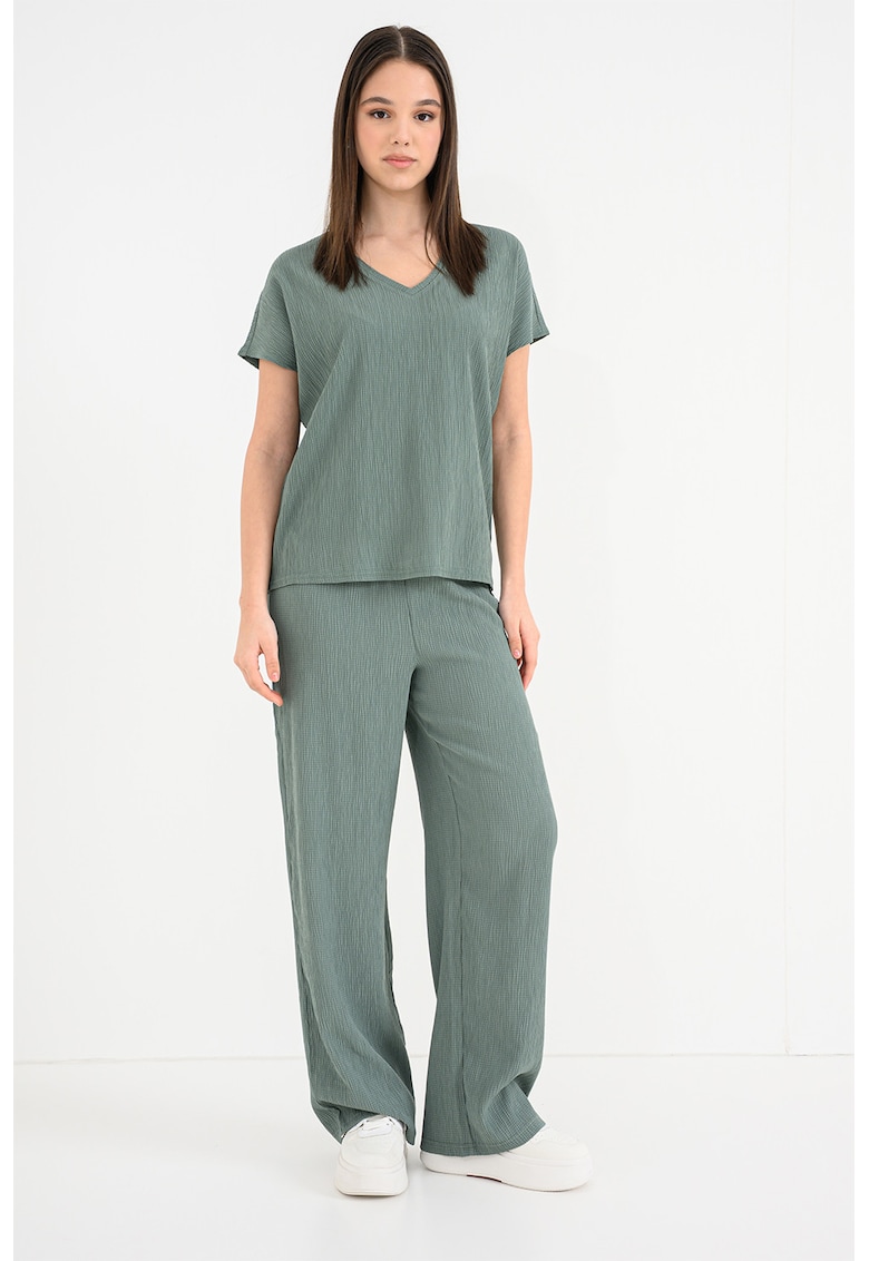 Bluza texturata cu maneci scurte si decolteu in V - Verde aquamarin