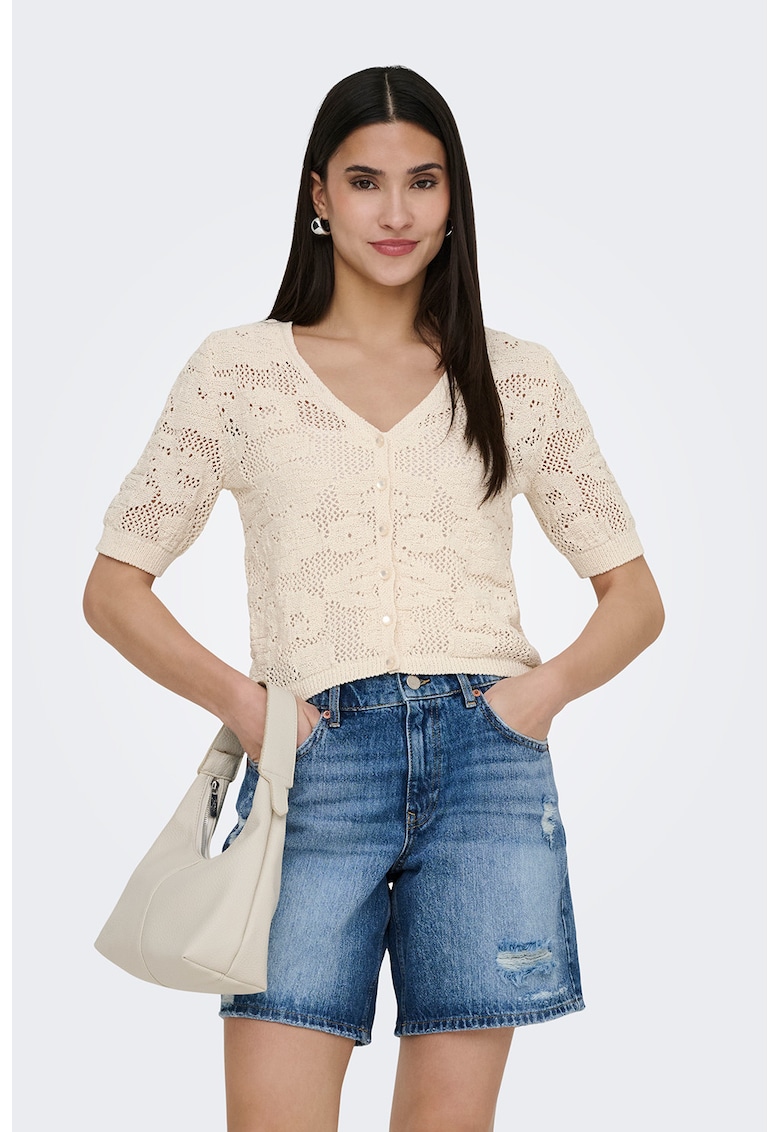 Bluza crop cu decolteu in V - Bej deschis