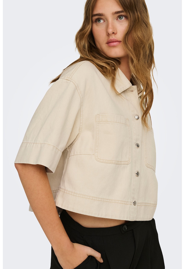 Camasa crop din amestec de bumbac - Maro nisip