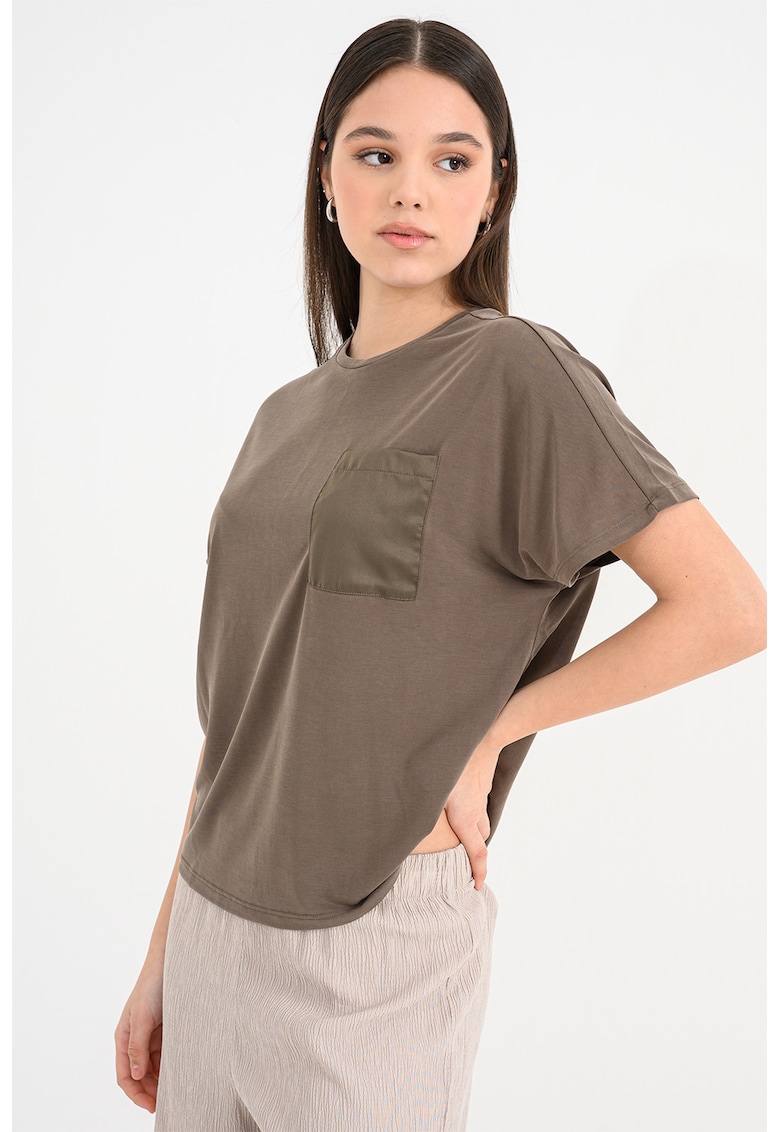 Tricou din amestec de modal cu buzunar pe piept Free Life - Kaki inchis