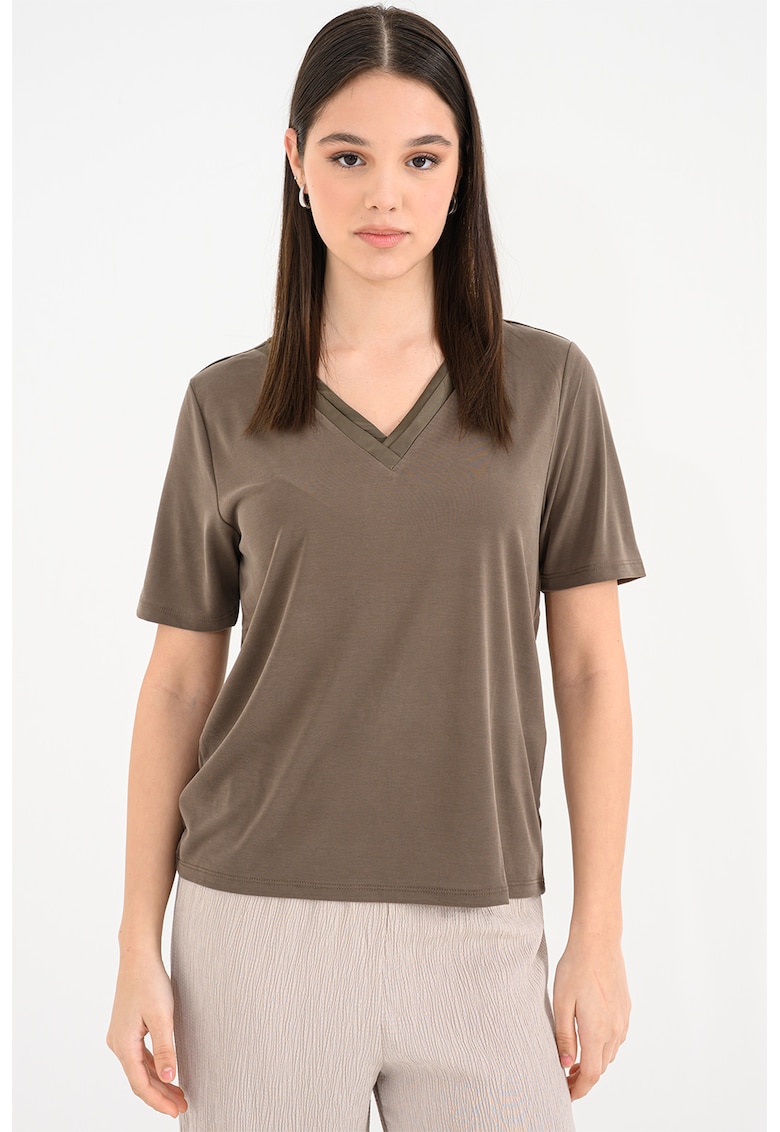 Tricou din amestec de modal cu decolteu in V - Kaki inchis