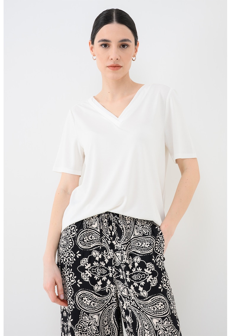 Tricou din amestec de modal cu decolteu in V - Alb