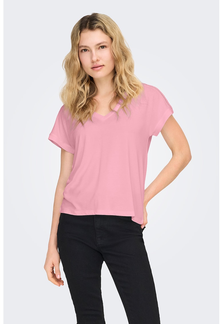 Tricou cu decolteu in V - Roz pastel