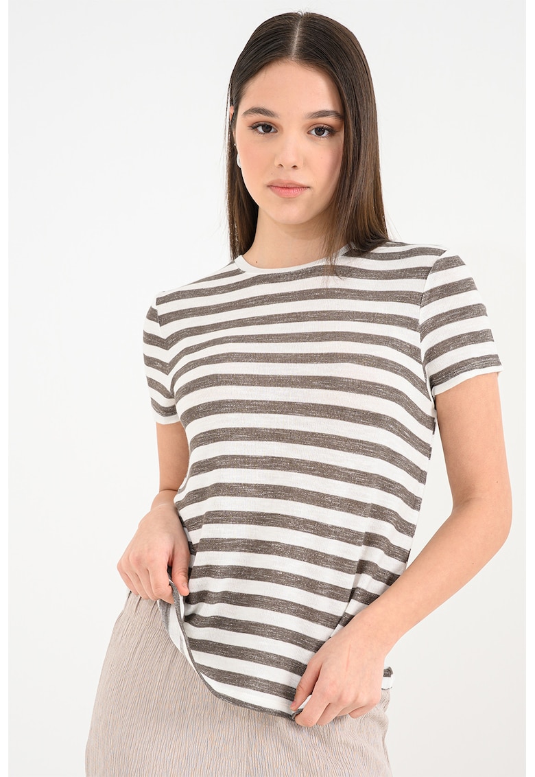 Tricou cu dungi si decolteu la baza gatului Liran - Alb/Kaki inchis