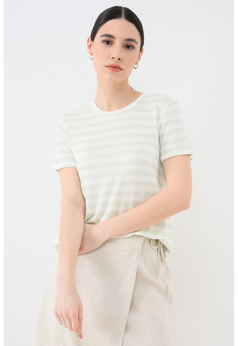 Tricou cu dungi si decolteu la baza gatului Liran - Alb/Verde menta