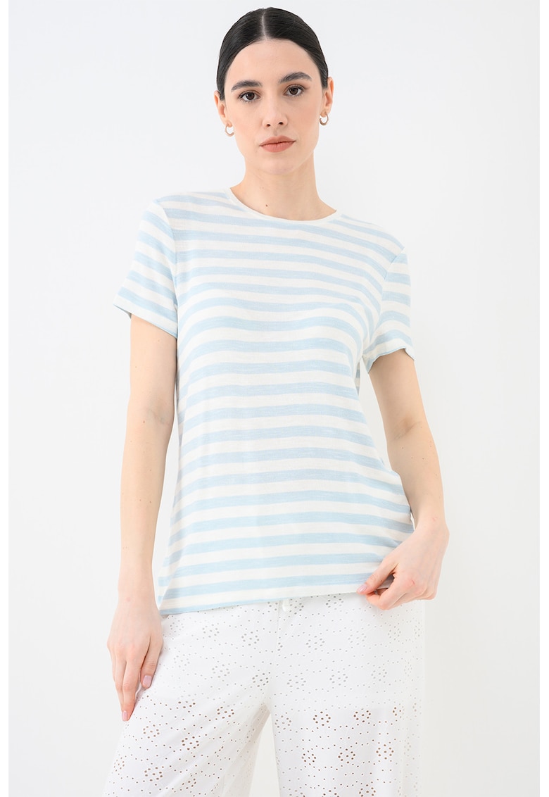 Tricou cu dungi si decolteu la baza gatului Liran - Alb/Albastru lavanda