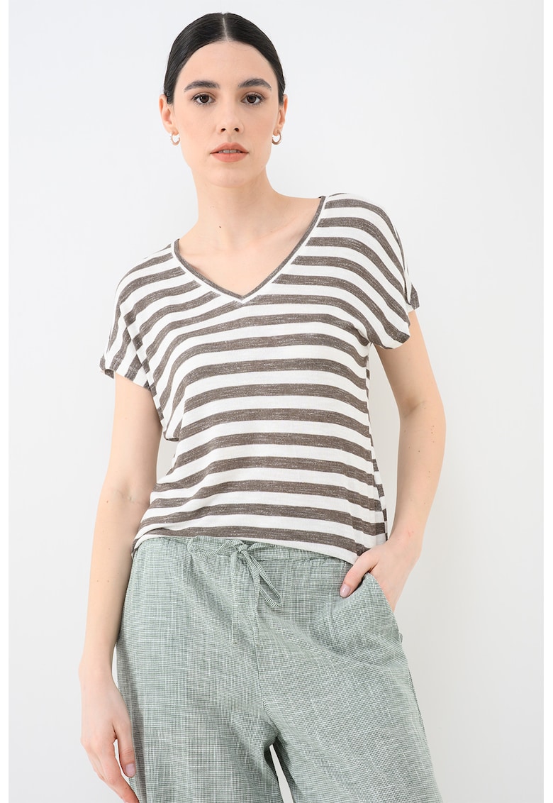Tricou cu dungi si decolteu in V - Alb/Kaki inchis