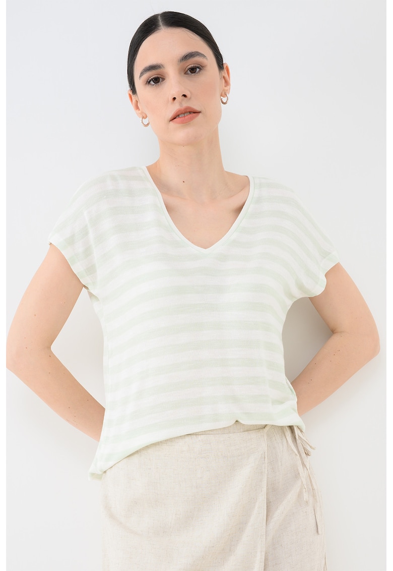 Tricou cu dungi si decolteu in V - Alb/Verde pal