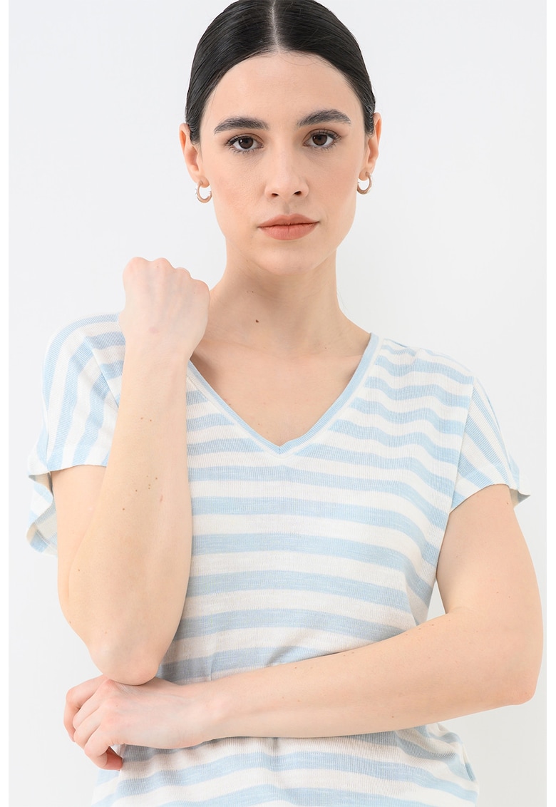 Tricou cu dungi si decolteu in V - Alb/Albastru lavanda