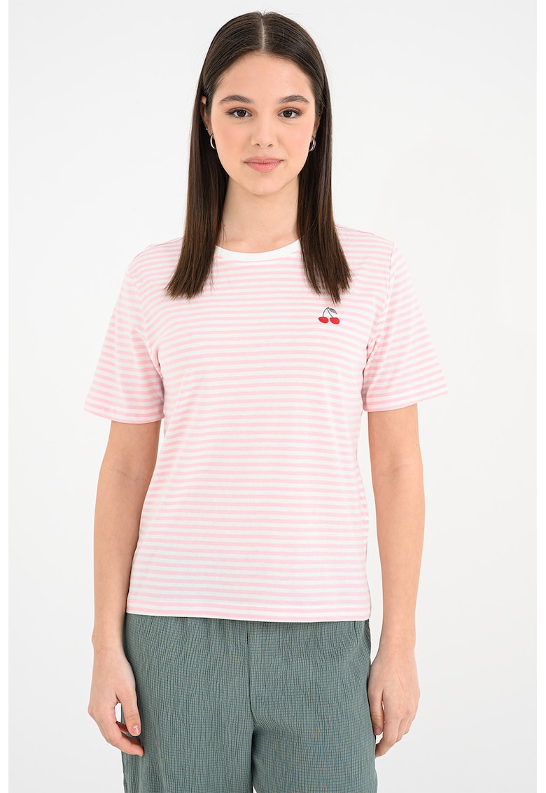 Tricou de bumbac organic cu decolteu la baza gatului - Alb/Roz pastel