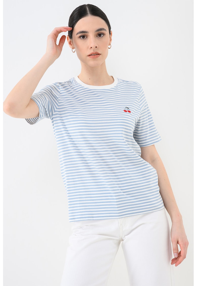 Tricou de bumbac organic cu decolteu la baza gatului - Alb/Albastru lavanda