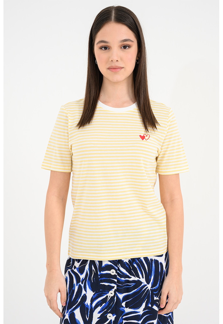Tricou de bumbac organic cu decolteu la baza gatului - Alb/Galben
