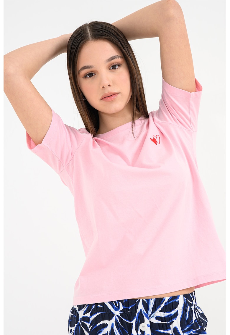 Tricou de bumbac organic cu decolteu la baza gatului - Roz pastel