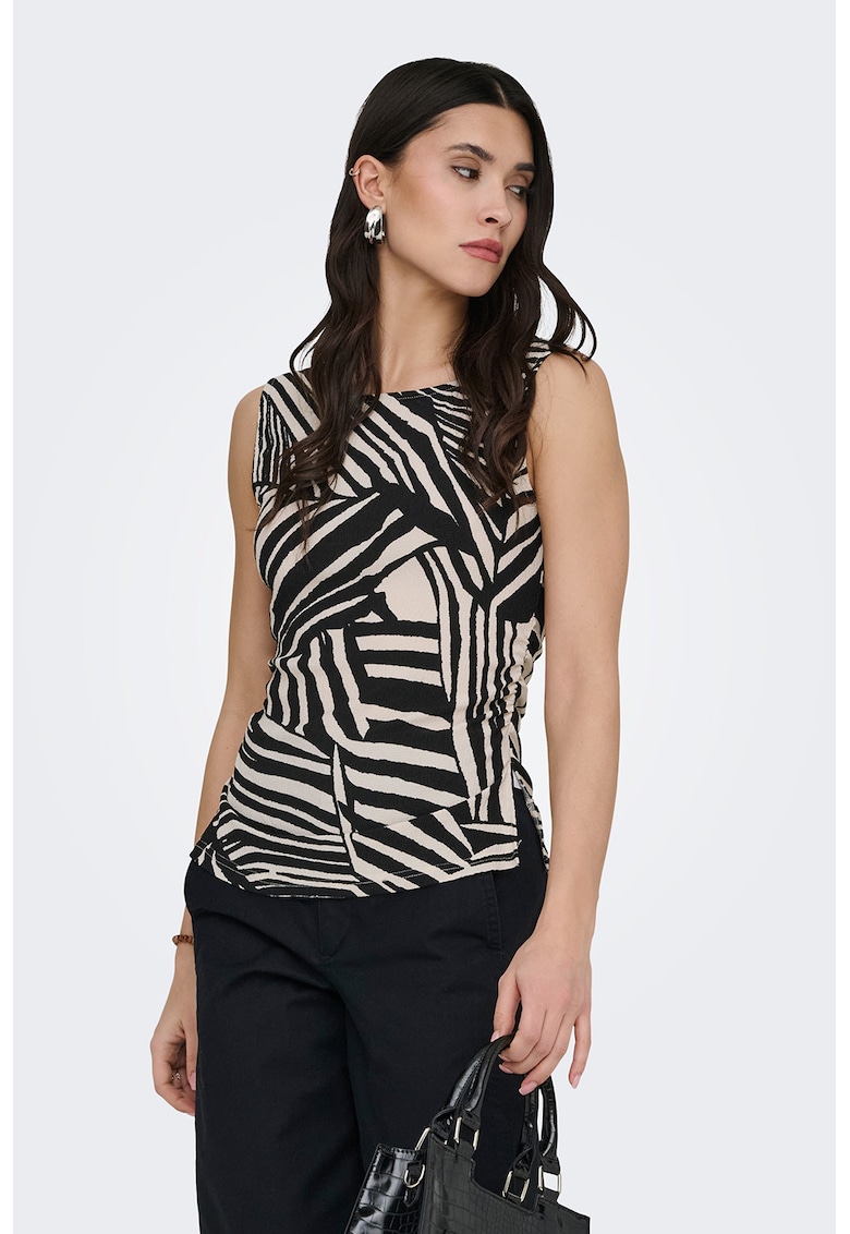 Top cu imprimeu si decolteu rotund - Negru/Alb murdar