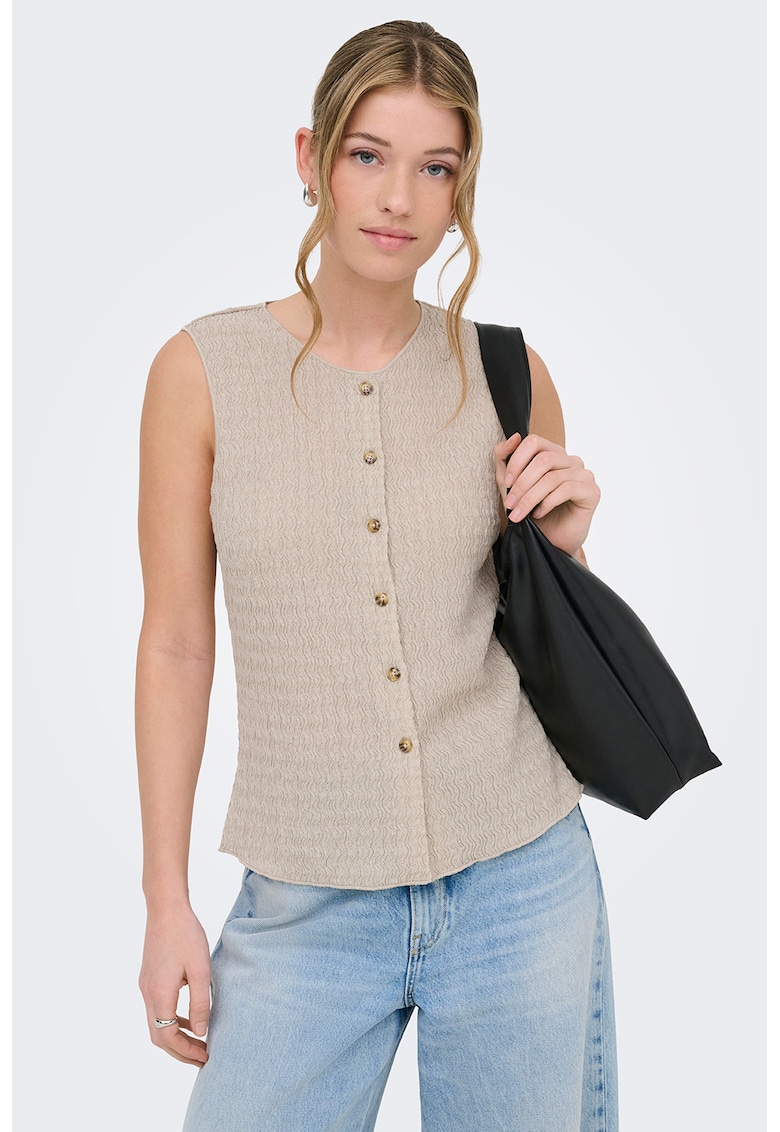 Vesta texturata cu decolteu la baza gatului - Bej deschis
