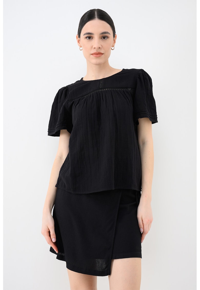 Bluza de bumbac organic cu maneci scurte si broderie - Negru