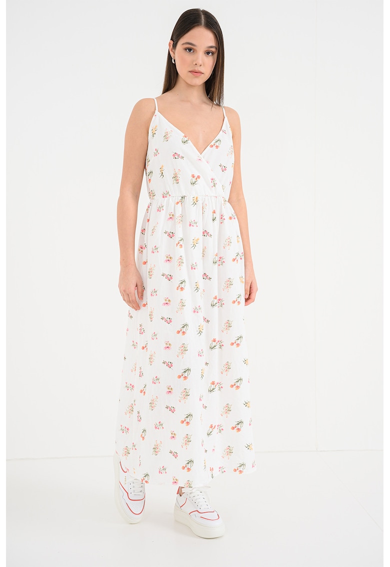 Rochie lunga din bumbac organic cu model si decolteu cache-coeur - Alb/Verde/Roz