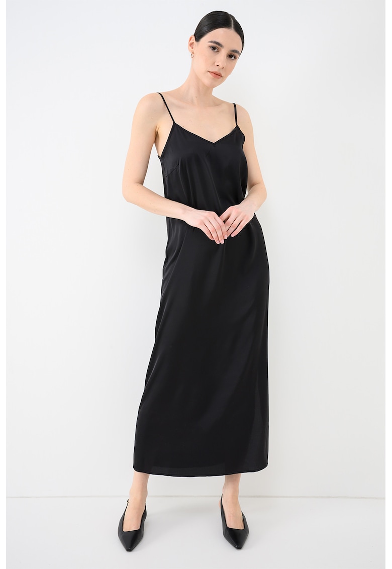 Rochie lunga de satin cu decolteu in V - Negru