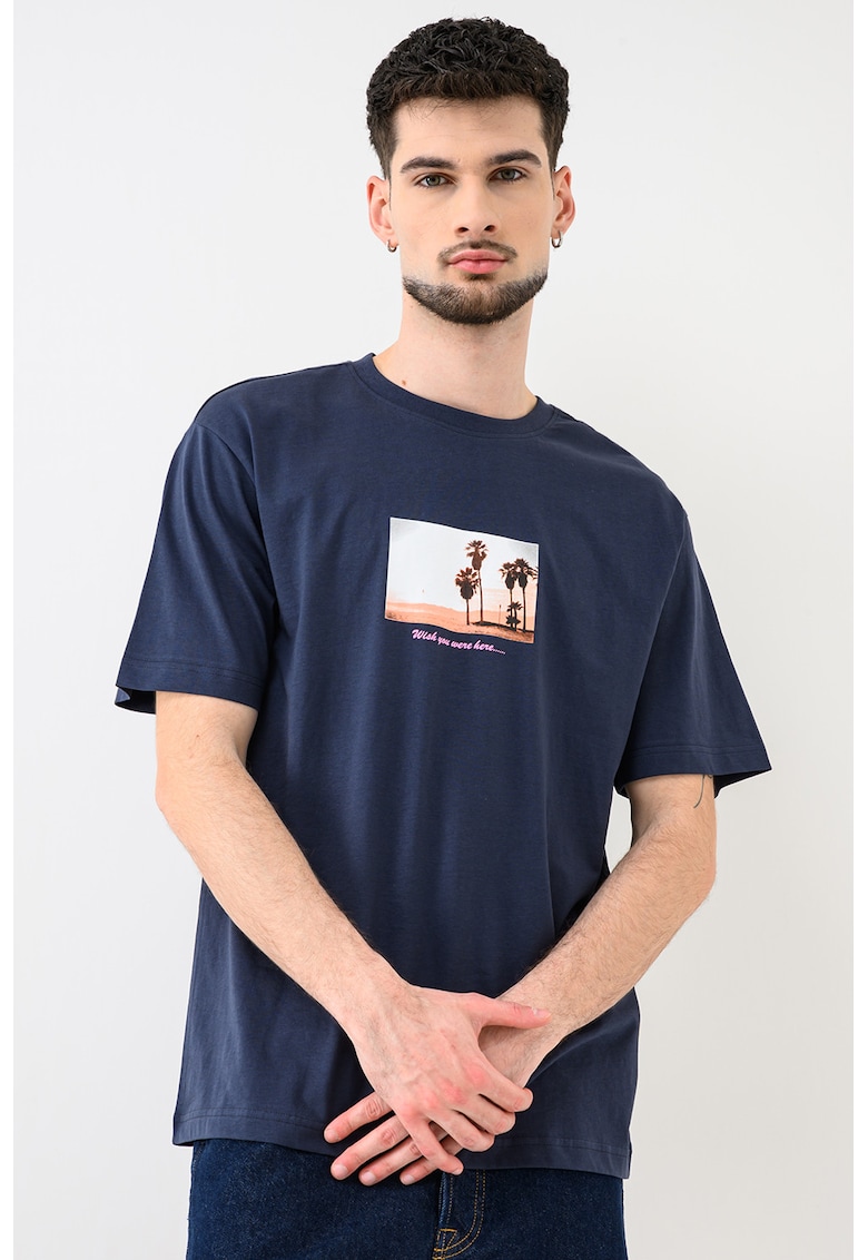 Tricou de bumbac organic cu imprimeu foto Axel - Albastru oceanic/Portocaliu pepene