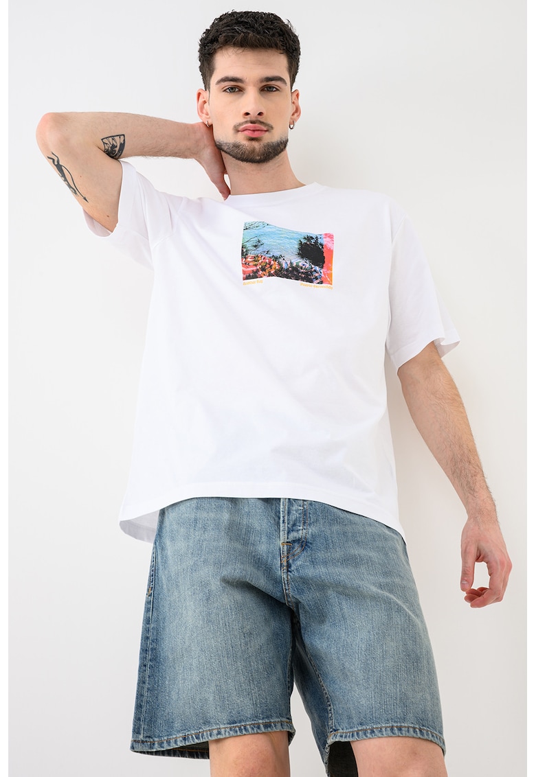 Tricou de bumbac organic cu imprimeu foto Axel - Alb/Turcoaz