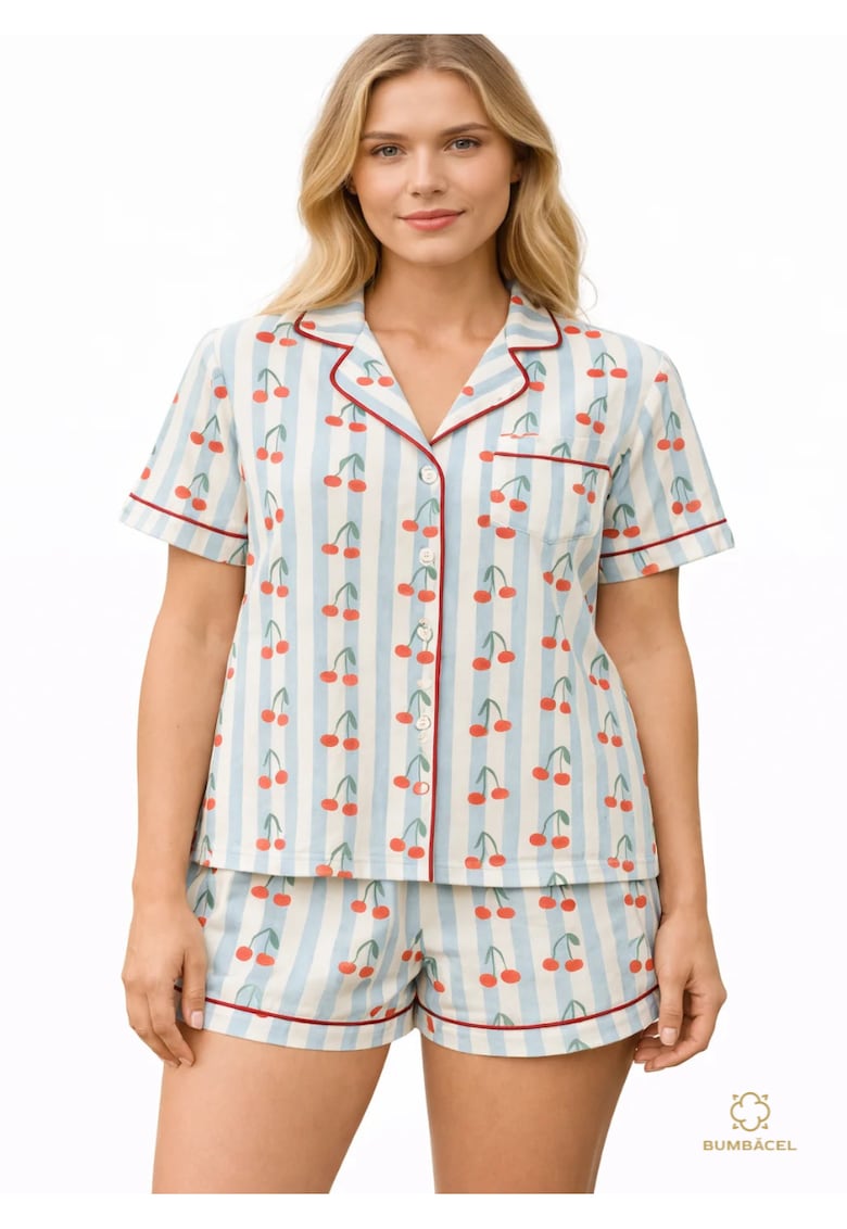 Pijama pentru dame - cu imprimeu - cu maneca scura si pantaloni scurti - din bumbac