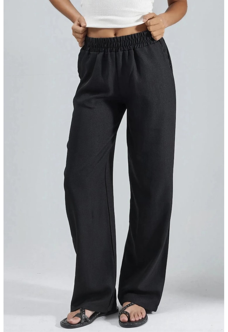 Pantaloni dama - cu talie elastica - picior drept - negru - poliester