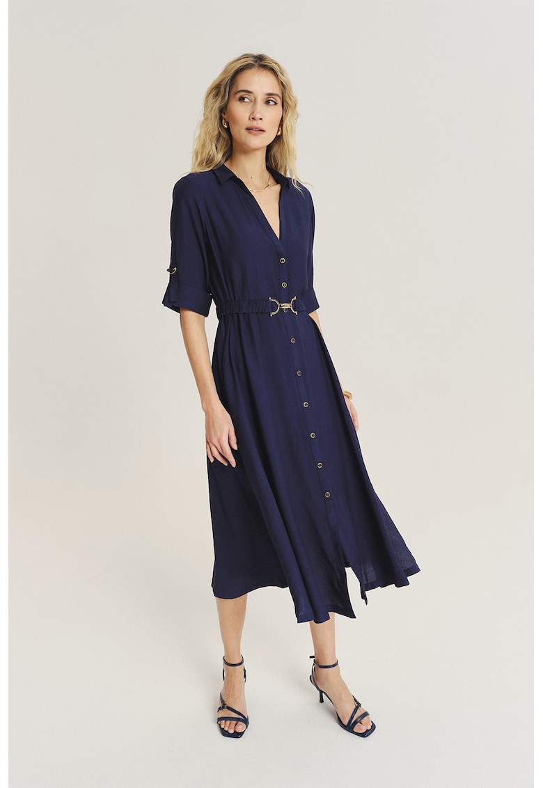 Rochie midi cu buzunare si maneci ajustabile - Bleumarin