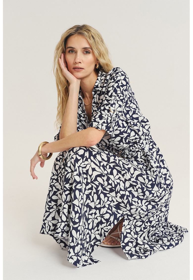 Rochie midi cu buzunare si maneci ajustabile - Alb/Bleumarin