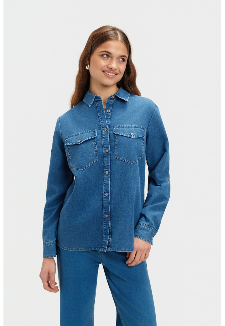 Camasa din chambray cu buzunare pe piept - Albastru deschis