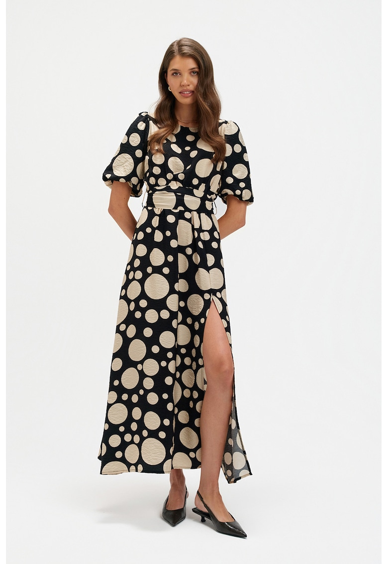 Rochie cu slit lateral si buline - Negru/Bej deschis