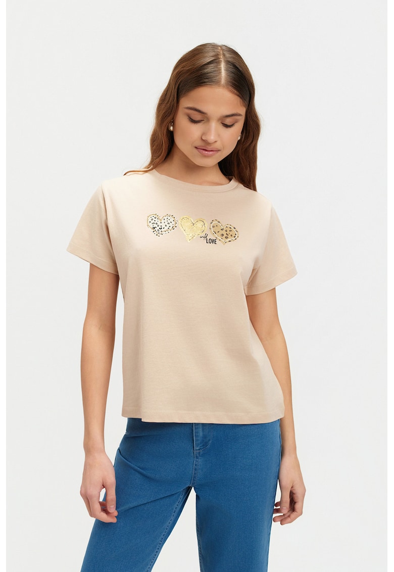 Tricou din bumbac cu imprimeu inima - Bej