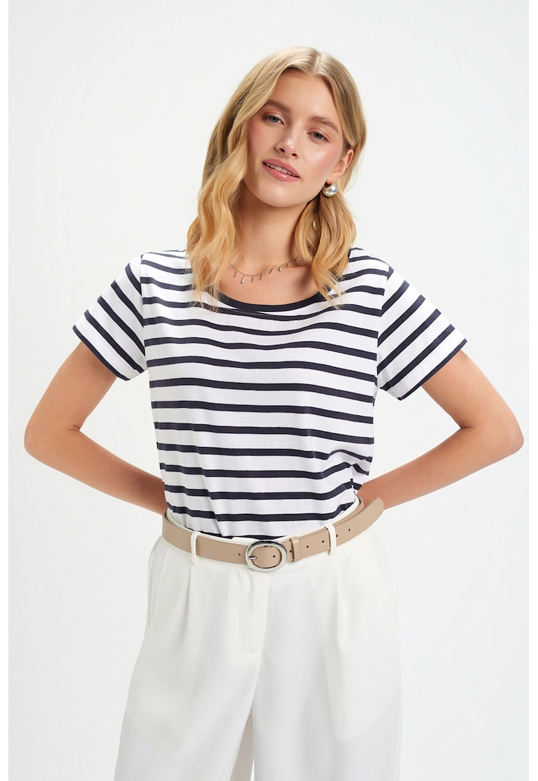 Tricou din bumbac cu dungi - Alb/Bleumarin