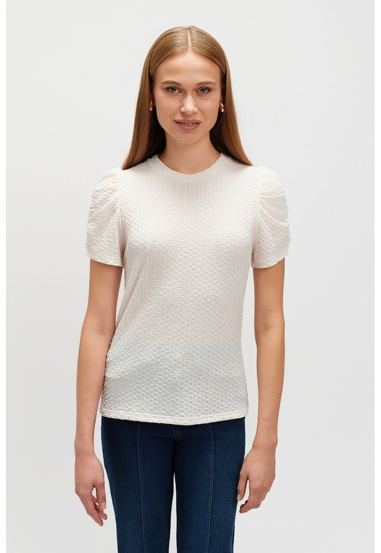 Bluza texturata cu maneci scurte - Crem