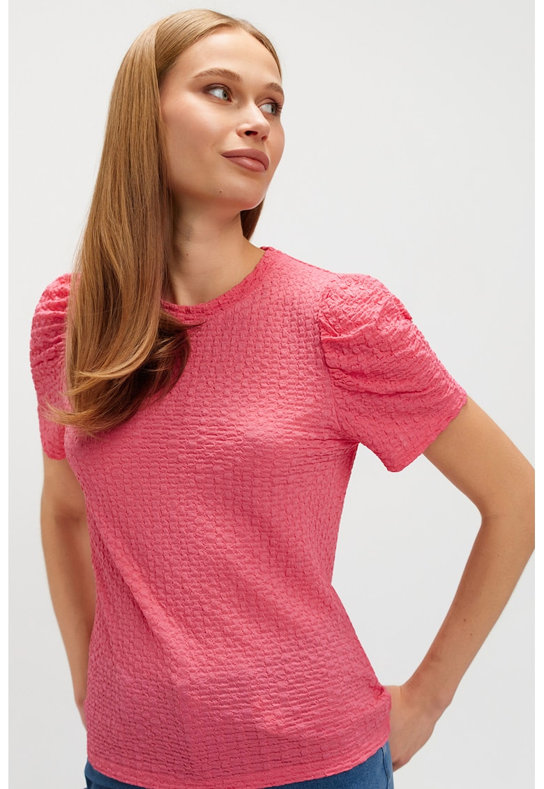 Bluza texturata cu maneci scurte - Roz orhidee