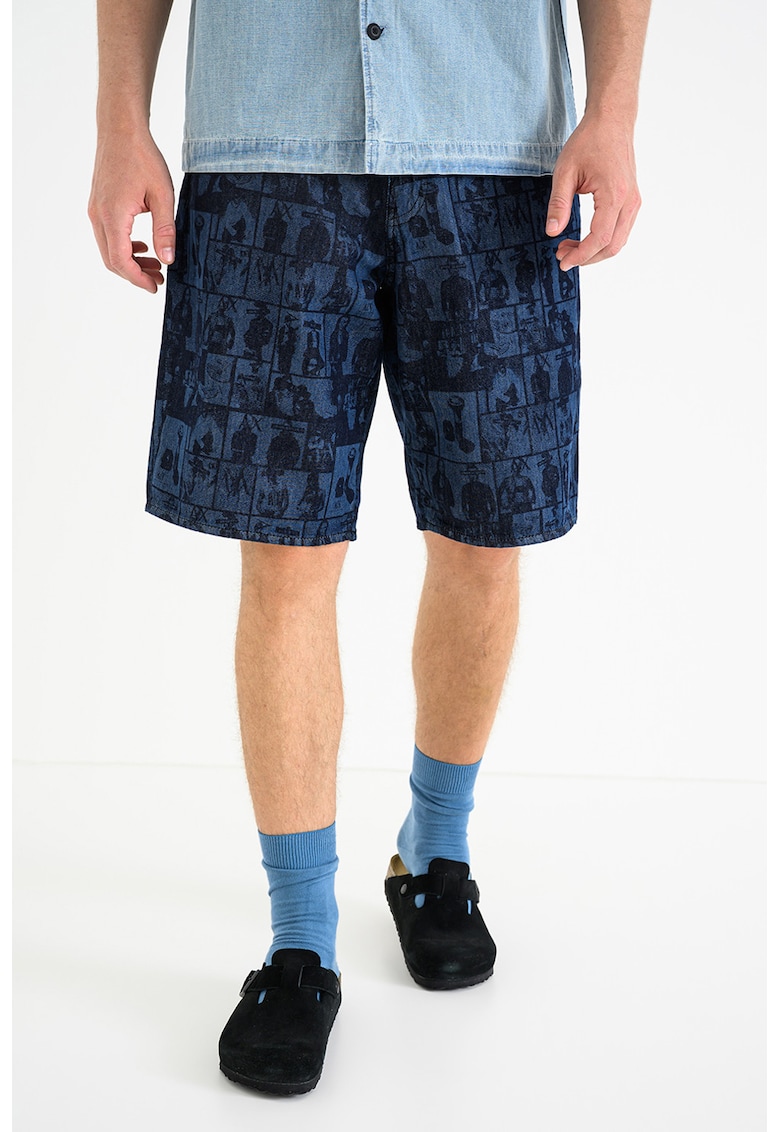 Blugi scurti cu croiala baggy si model grafic - Bleumarin