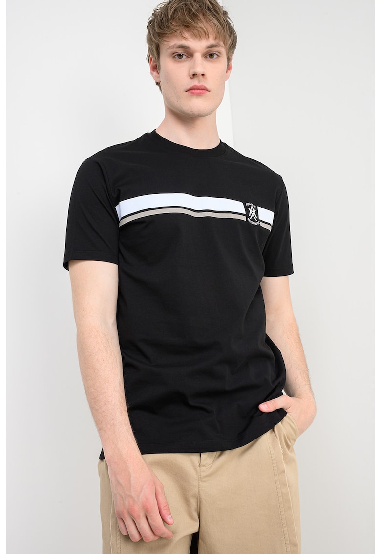 Tricou cu decolteu la baza gatului si logo - Alb/Negru/Maro taupe deschis