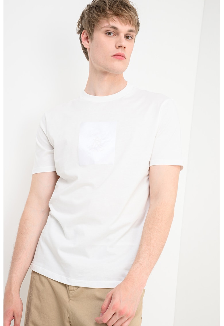 Tricou din bumbac cu decolteu la baza gatului si imprimeu - Alb