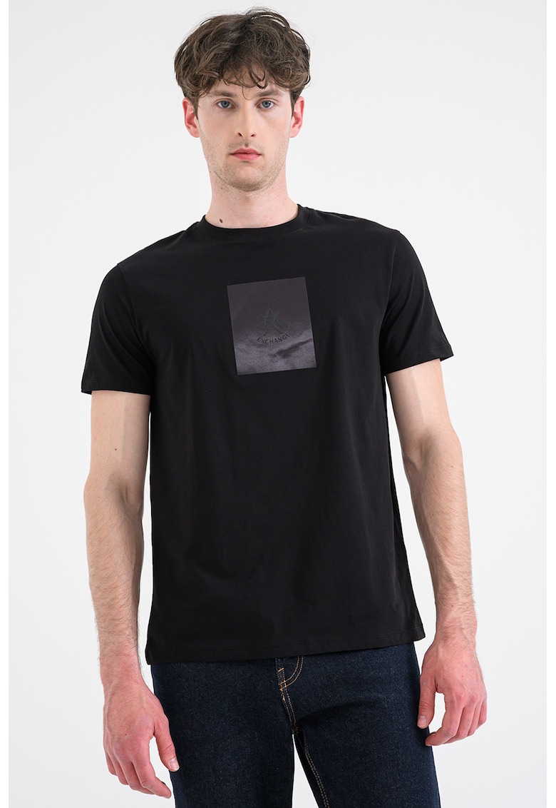 Tricou din bumbac cu decolteu la baza gatului si imprimeu - Negru