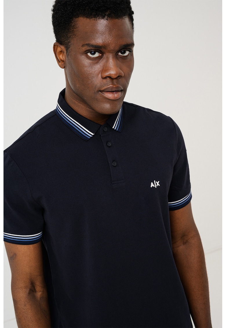 Tricou polo din bumbac cu logo brodat discret - Albastru inchis/Alb murdar/Bleumarin