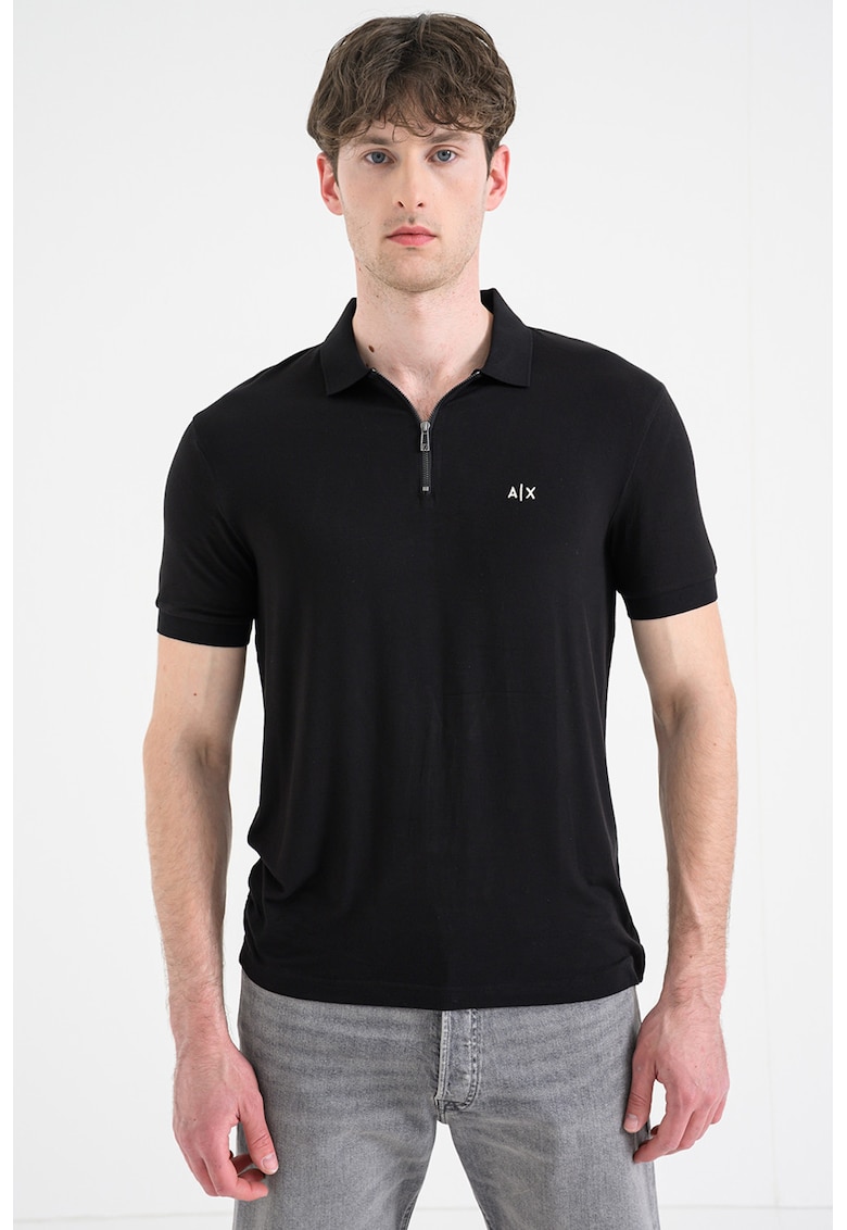 Tricou slim fit cu fenta cu fermoar - Negru