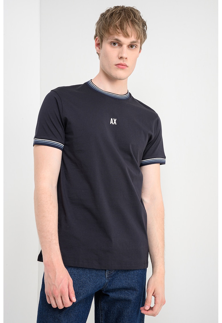Tricou cu decolteu la baza gatului si garnituri cu dungi - Albastru ultramarin