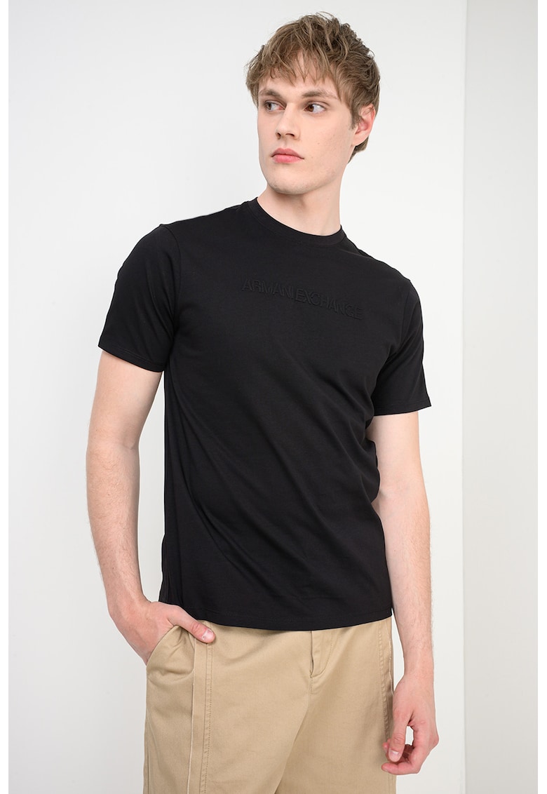 Tricou slim fit cu logo in relief - Negru