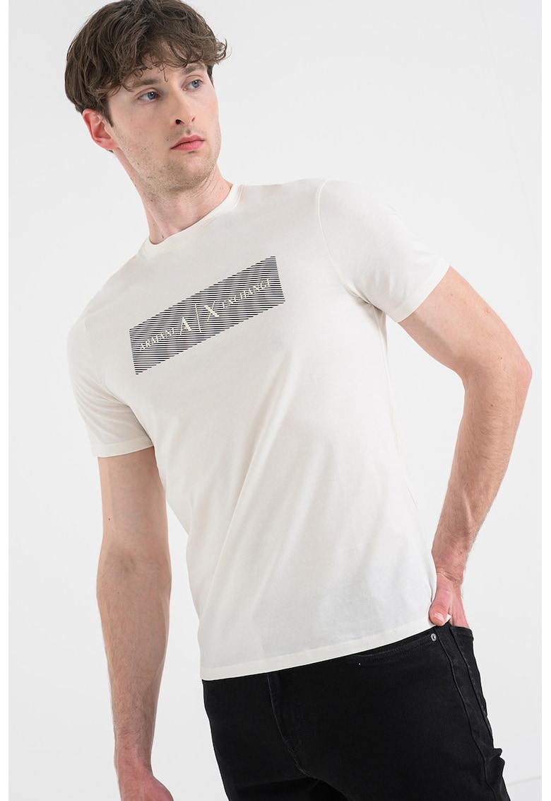 Tricou cu decolteu la baza gatului si imprimeu logo - Alb murdar