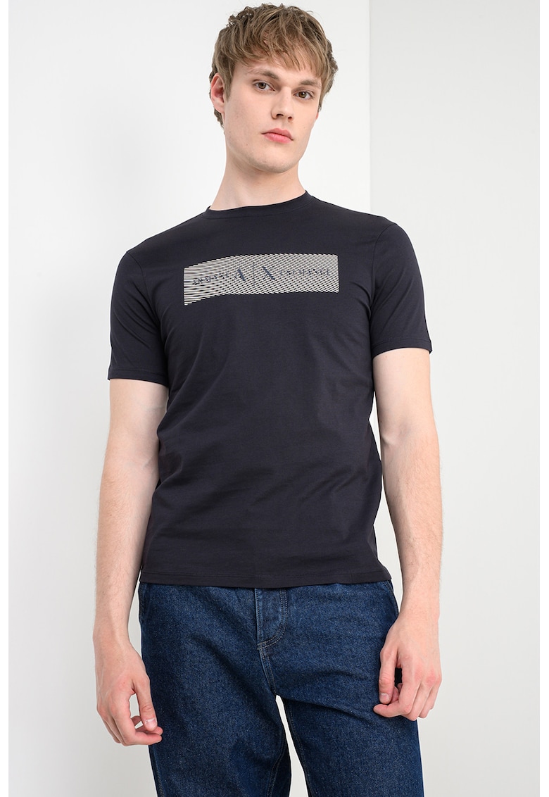 Tricou cu decolteu la baza gatului si imprimeu logo - Alb/Albastru ultramarin