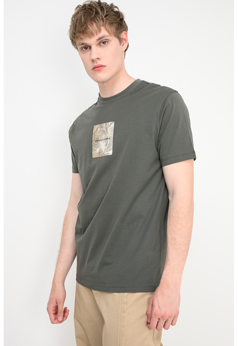 Tricou din bumbac cu decolteu la baza gatului - Maro deschis/Kaki