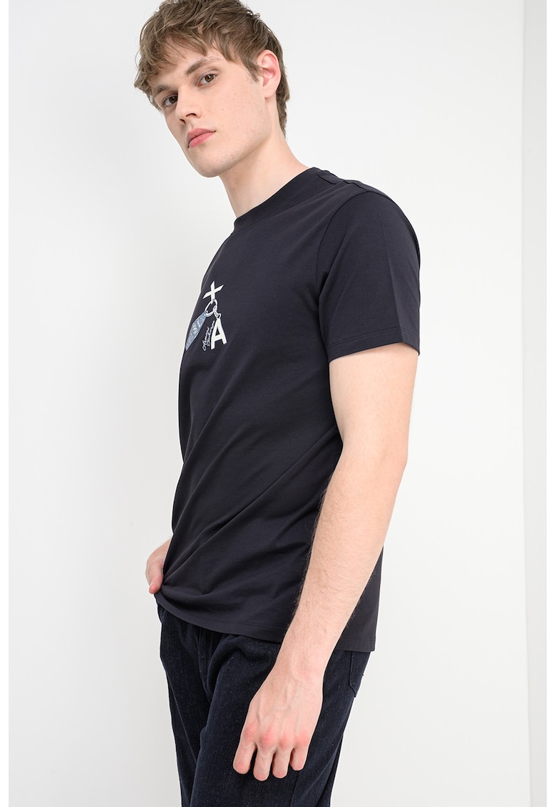 Tricou de bumbac cu imprimeu - Negru/Alb murdar/Bleumarin