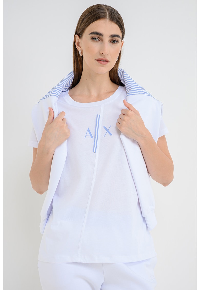 Tricou cu decolteu la baza gatului si imprimeu logo - Alb