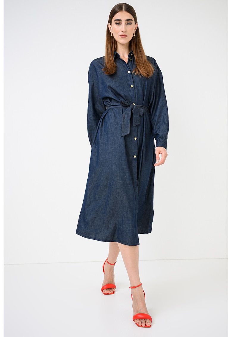 Rochie-camasa din denim cu cordon in talie - Albastru ultramarin