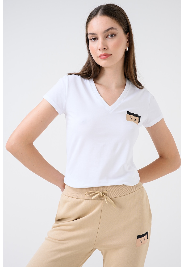 Tricou cu decolteu in V si logo - Alb