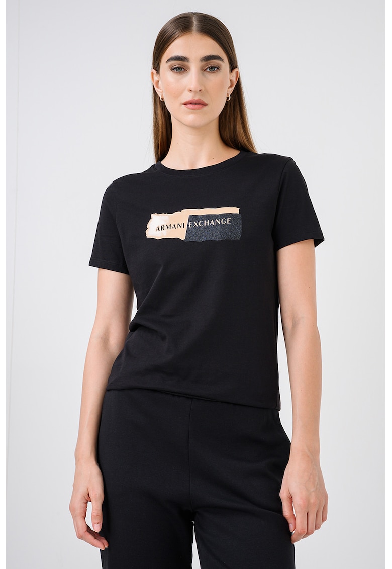 Tricou cu decolteu la baza gatului si imprimeu logo - Negru